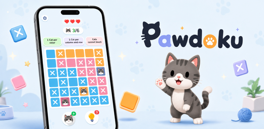 Pawdoku logic puzzle game with a cat and colorful board